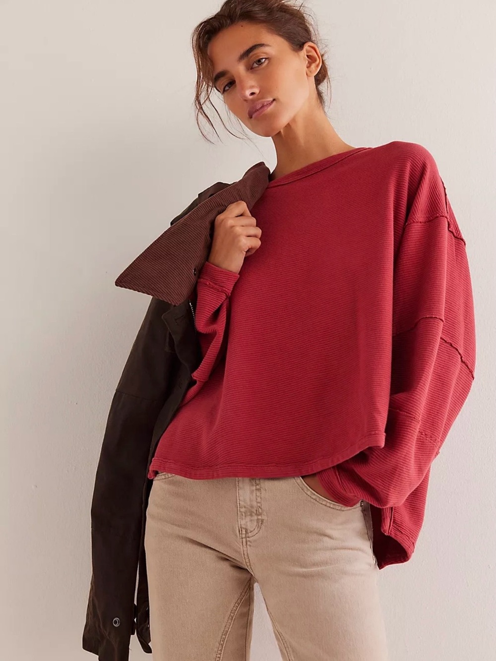 We The Free Oversized Ribbed Long Sleeve Tshirt  in Burgundy size s.